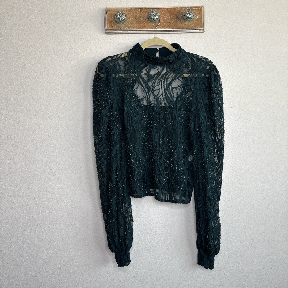 BKE Classy Dark Green Lace Blouse - Picture 4 of 6